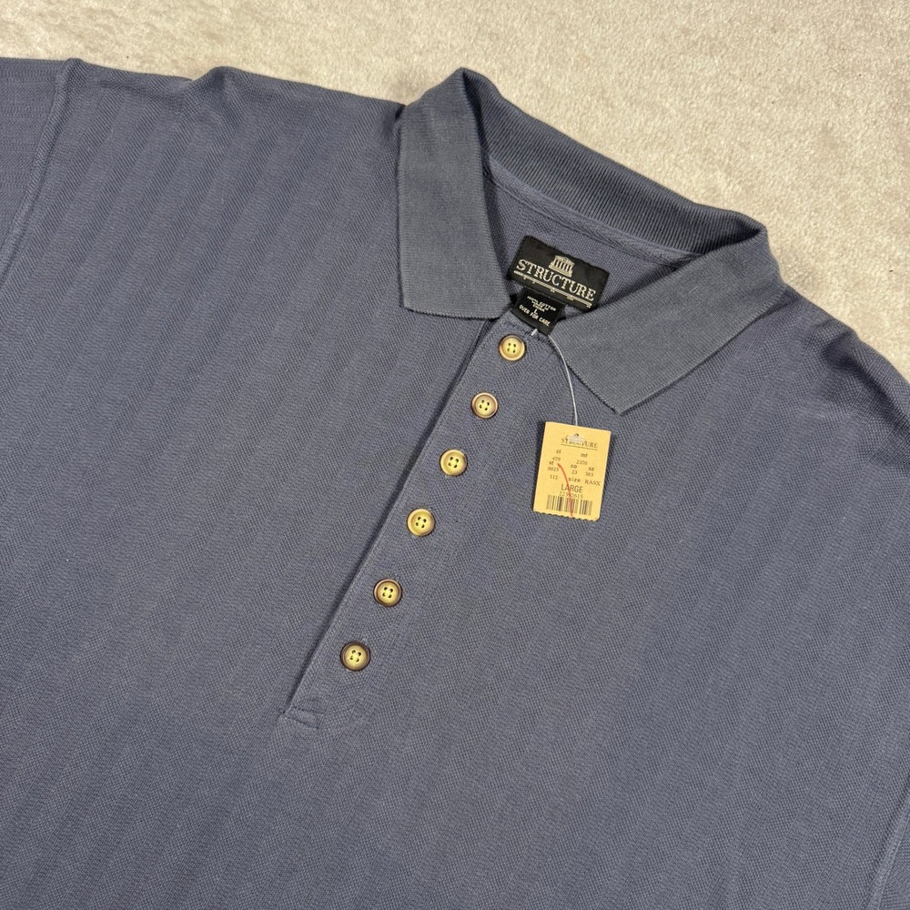 Structure Polo Shirt Mens L Blue Grey Vintage 90s Cotton Striped Textured NWT